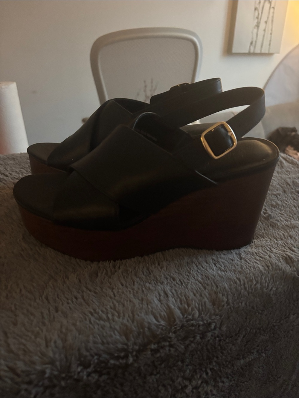 Black Leather Platform Wedge Sandals with Buckle Strap
